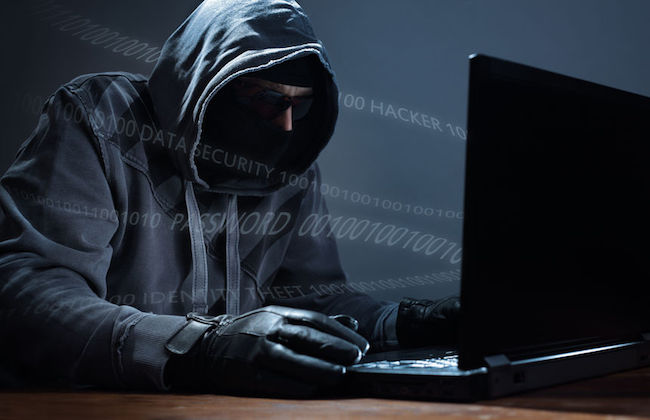 computer hacker stealing data from a laptop concept for network security, identity theft and computer crime