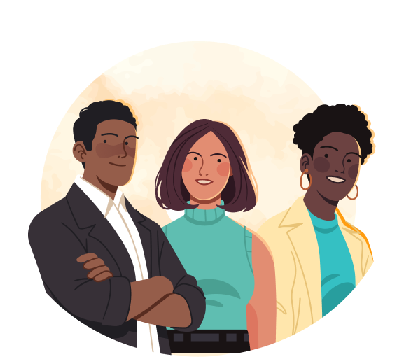 Three employers standing together in front of yellow bg illustration