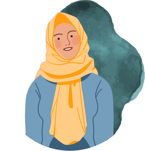 Woman in yellow scarf in front of watercolor background illustration