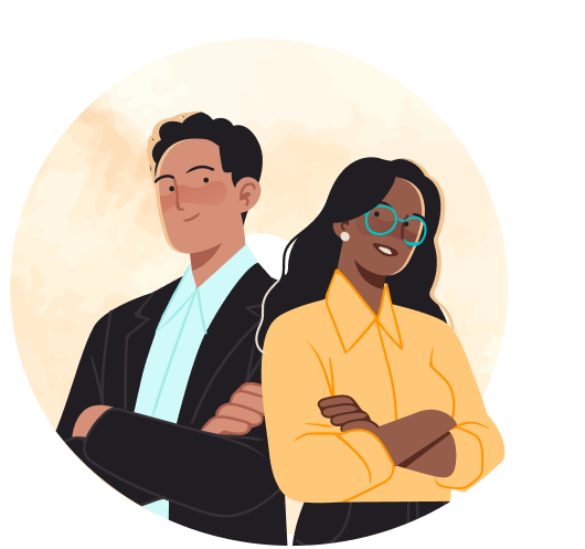 Two coworkers with arms crossed in front of yellow background illustration