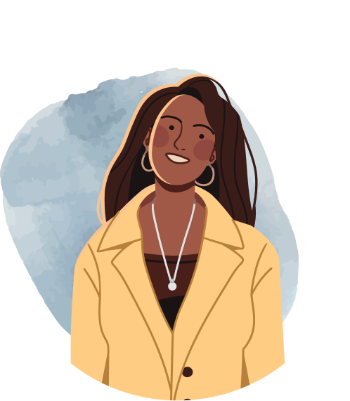 Woman in yellow blazer in front of watercolor background illustration