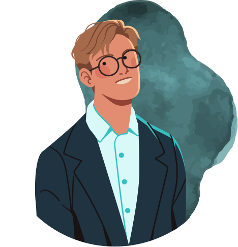 Man in glasses in front of background illustration