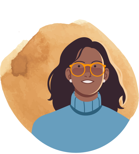 Woman with glasses and blue turtleneck in front of watercolor background illustration