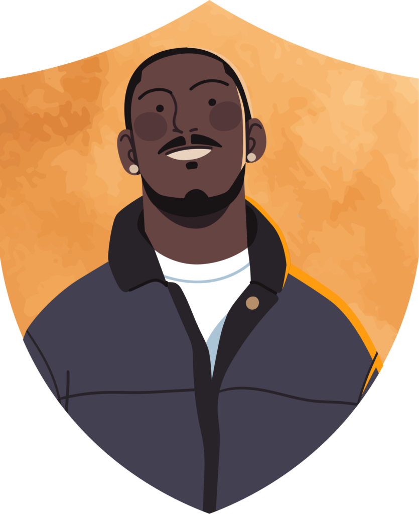 Person standing in front of shield illustration