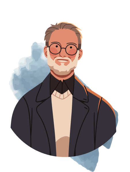 Older gentleman with glasses in front of blue background illustration