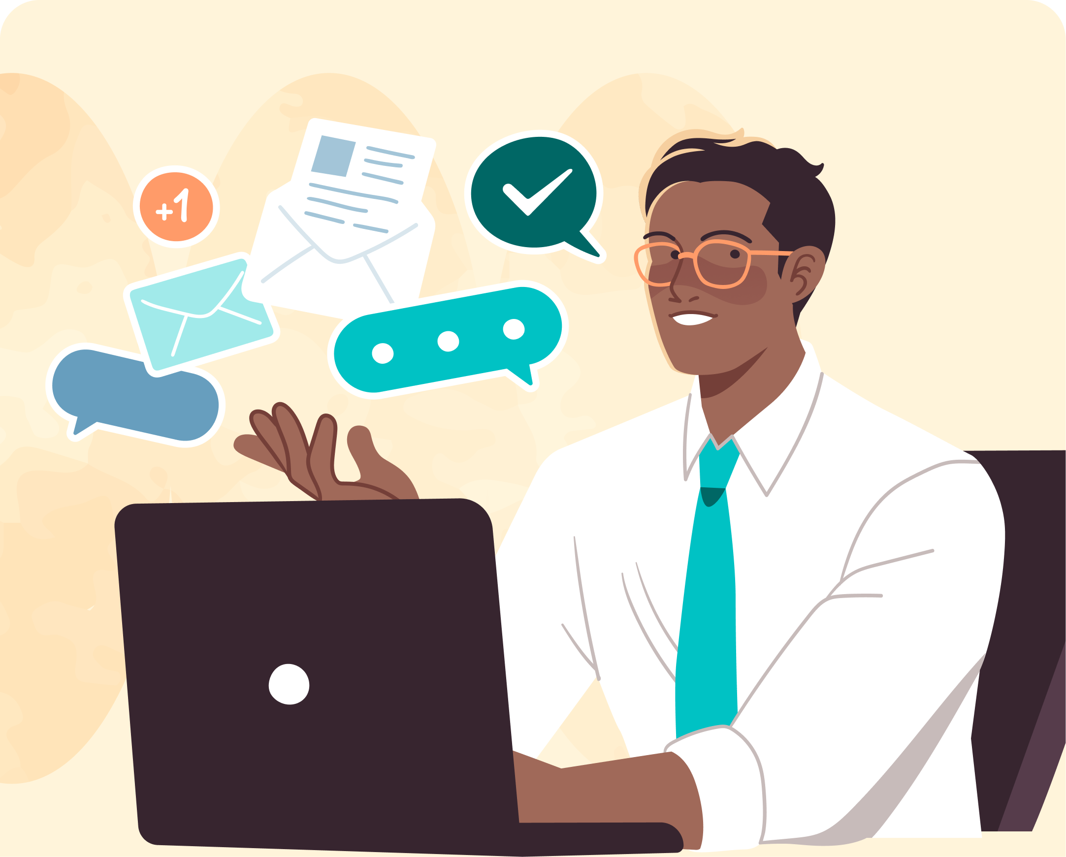 Man at laptop with speech bubbles illustration