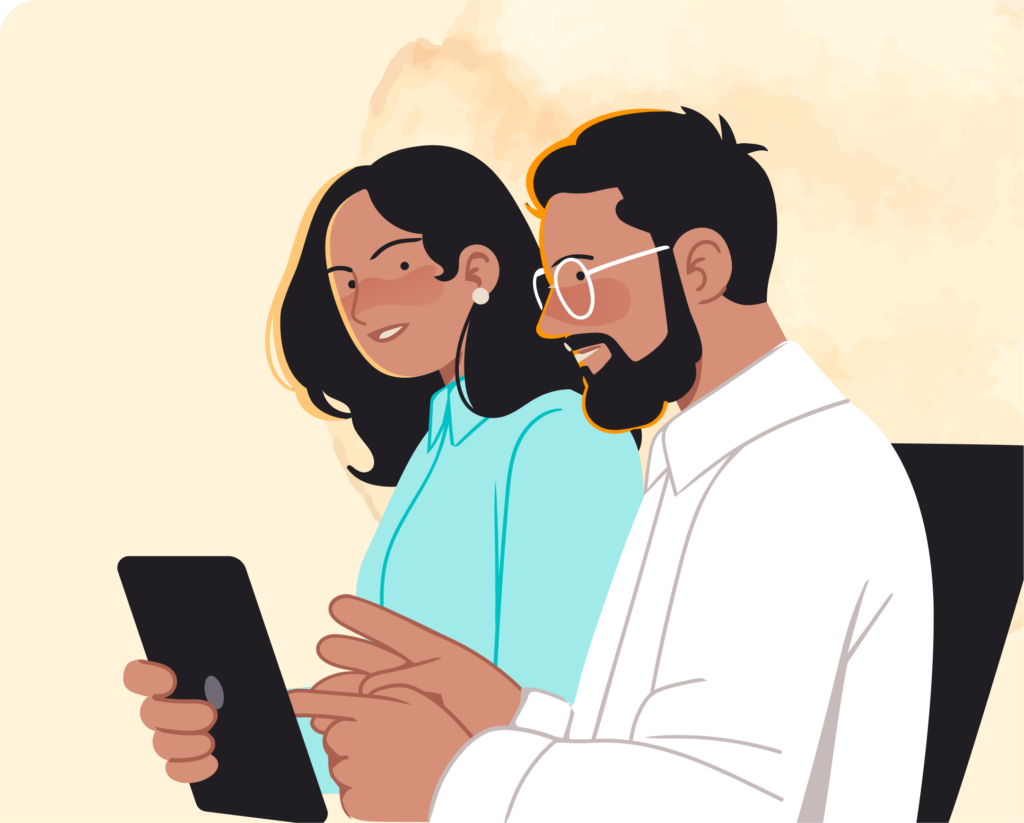 Two people looking at a tablet illustration