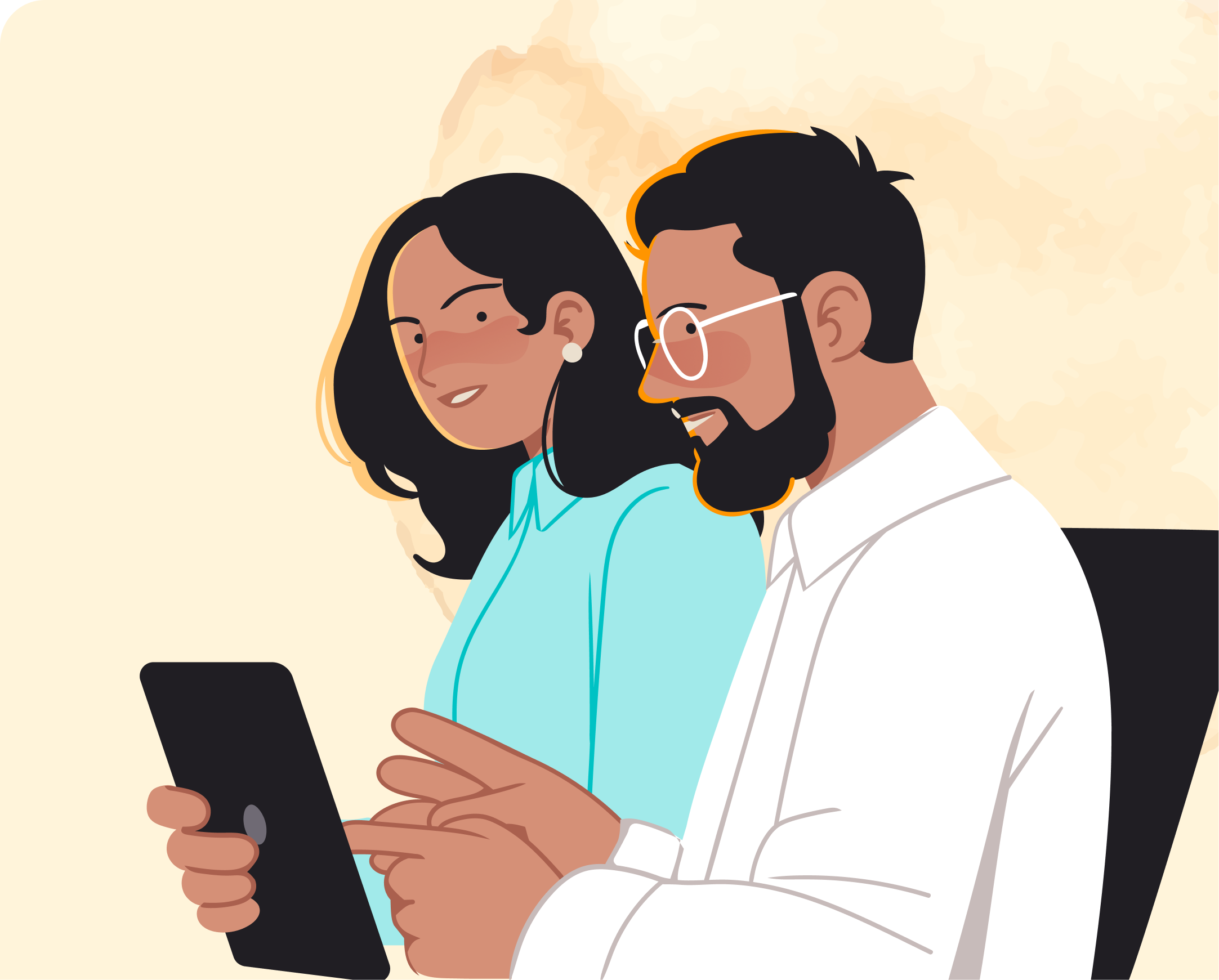 Two people looking at a tablet illustration